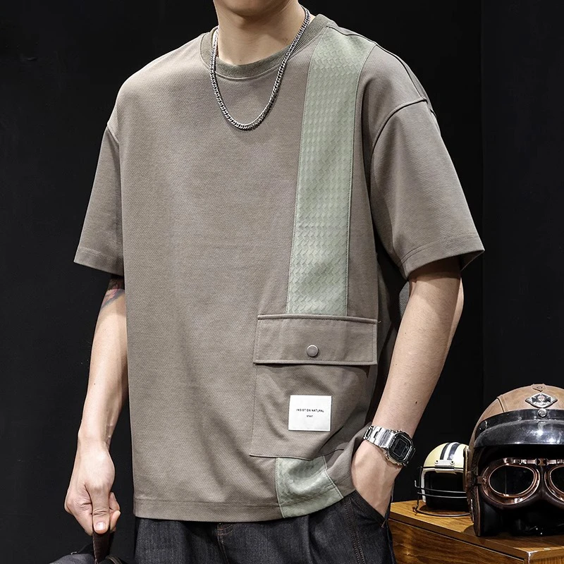 U&PURA莱赛尔天丝薄款短袖t恤男潮牌夏季新款高端撞色拼接口袋