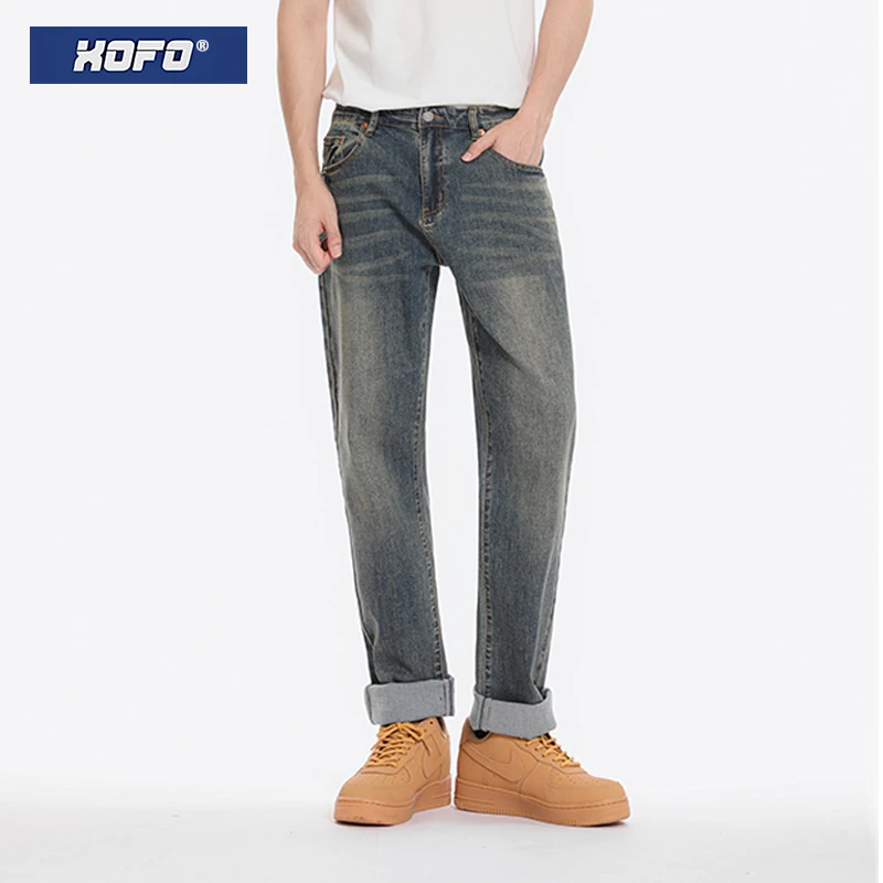 2025新款弹力水洗猫须工艺小脚裤 秋款宽松休闲九分牛仔裤男潮