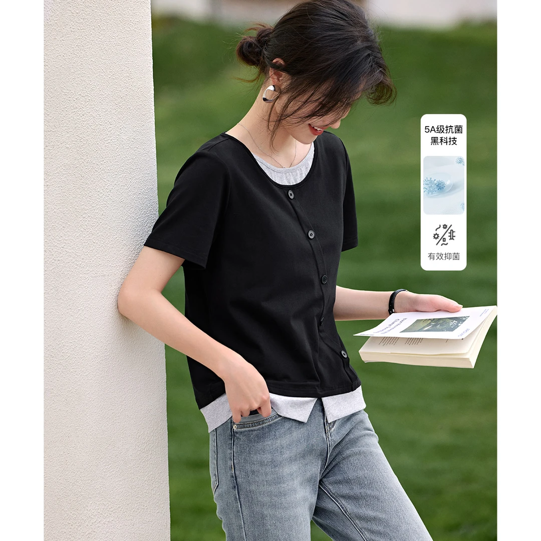 XWI/欣未2025年夏款气质百搭斜门襟撞色拼接圆领女士短袖T恤5A037