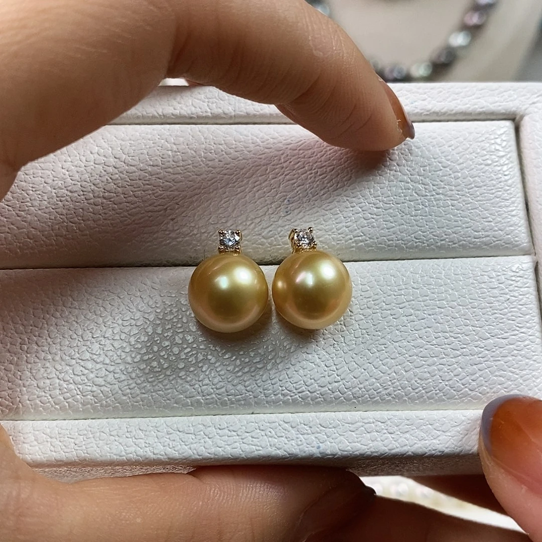 海水珍珠18K金镶嵌耳饰10-11m南洋金珠耳环（浓茶金品质）
