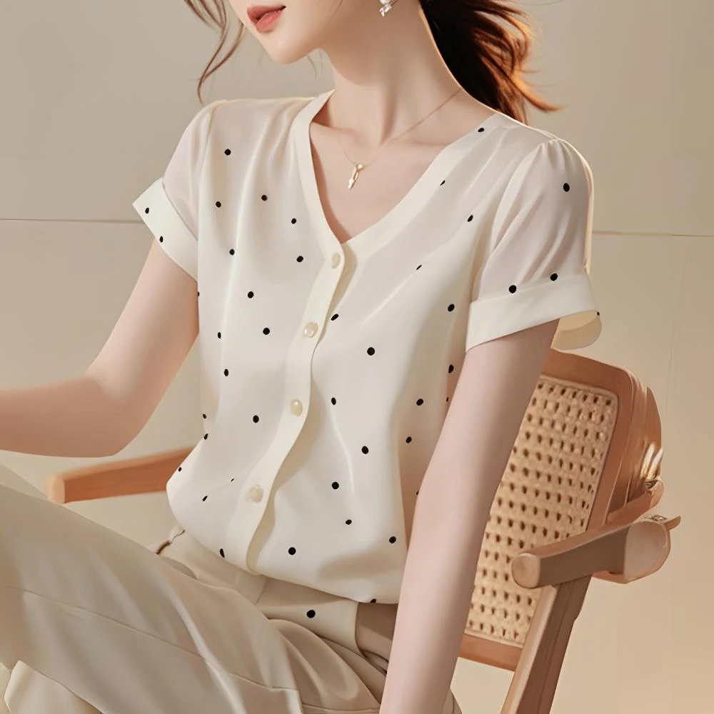 法式优雅好看印花波点V领短袖衬衫女夏季款独特百搭减龄遮肉上衣