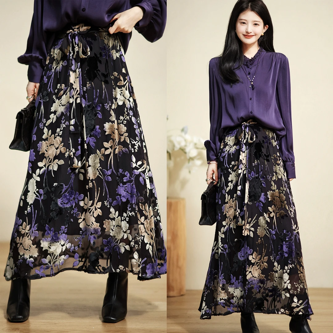 【赵大喜】蔷薇真丝原创系列-半裙 | 100真丝丝绒烧花复古贵气