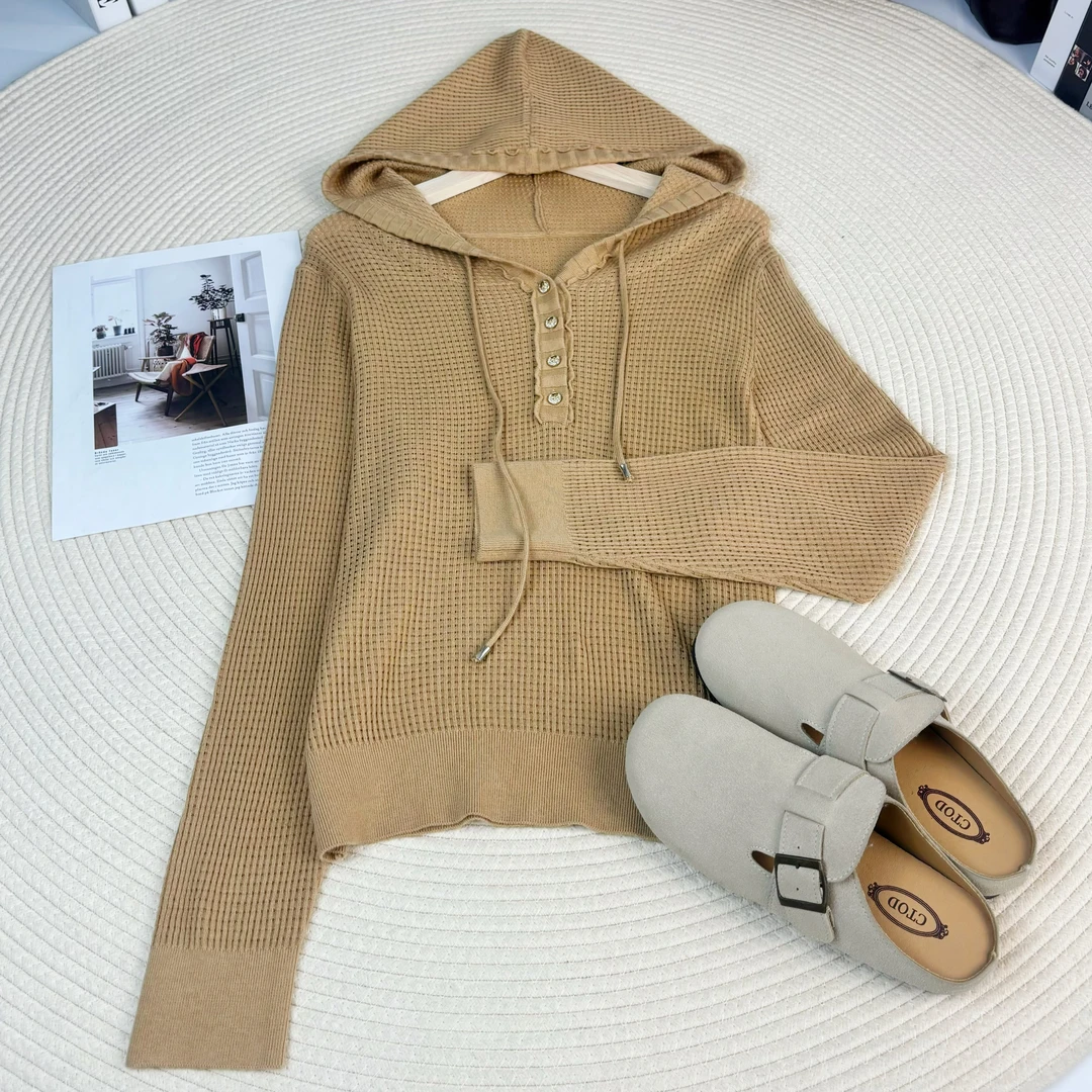 玲姐定制-连帽抽绳款纯色百搭微镂空薄款微透针秋季织毛衣225621