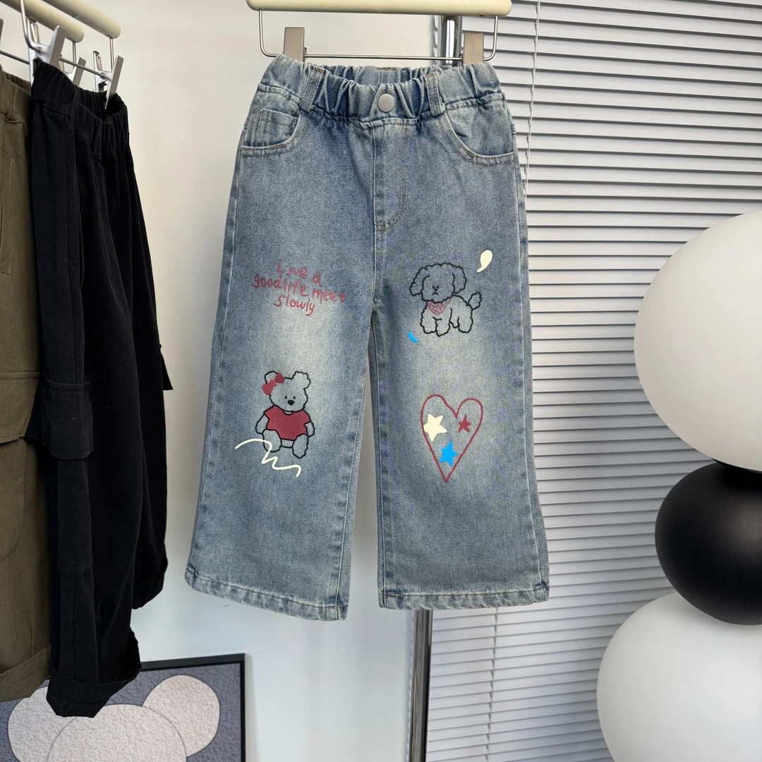 儿童宽松牛仔裤春季2025新款春装女童阔腿裤春秋卡通宽松休闲裤