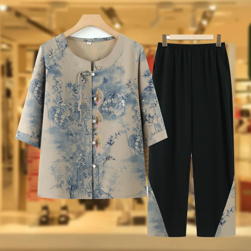 中老年妈妈夏装套装新款60岁70奶奶新中式舒适两件套老人衣服