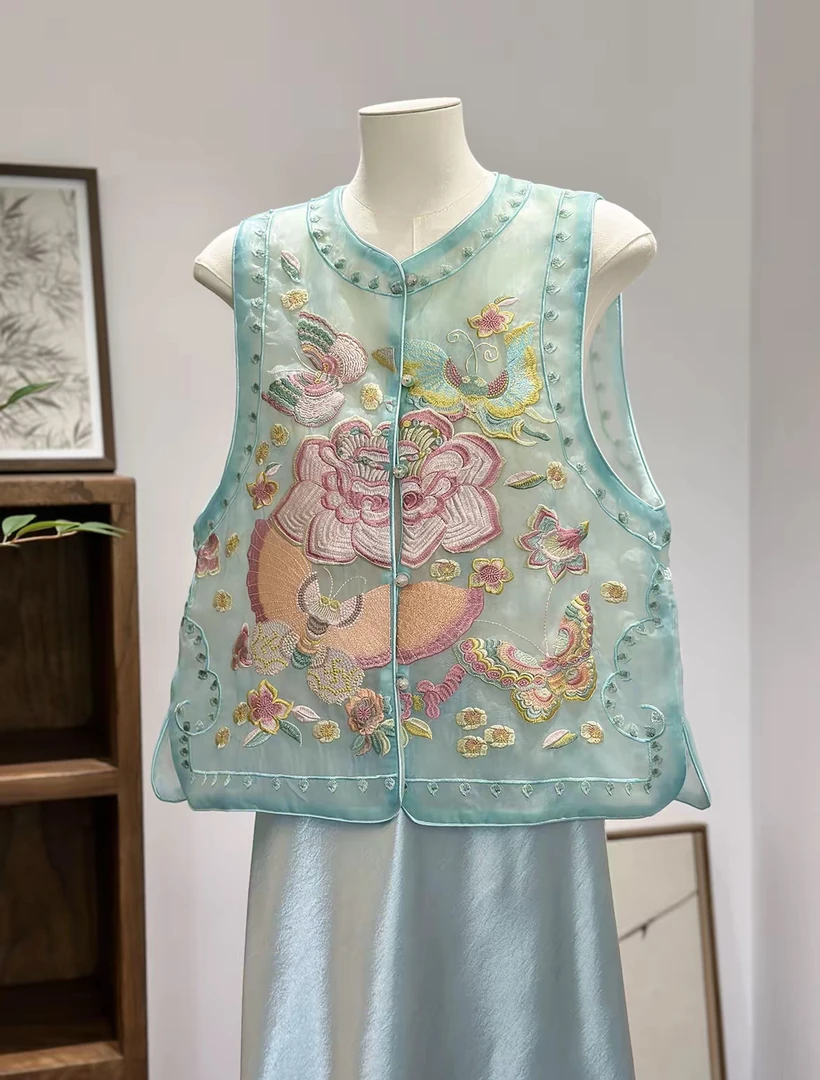 【粉荷-马夹】夏季新款2025薄款国风新中式气质刺绣洋气纱马甲复古