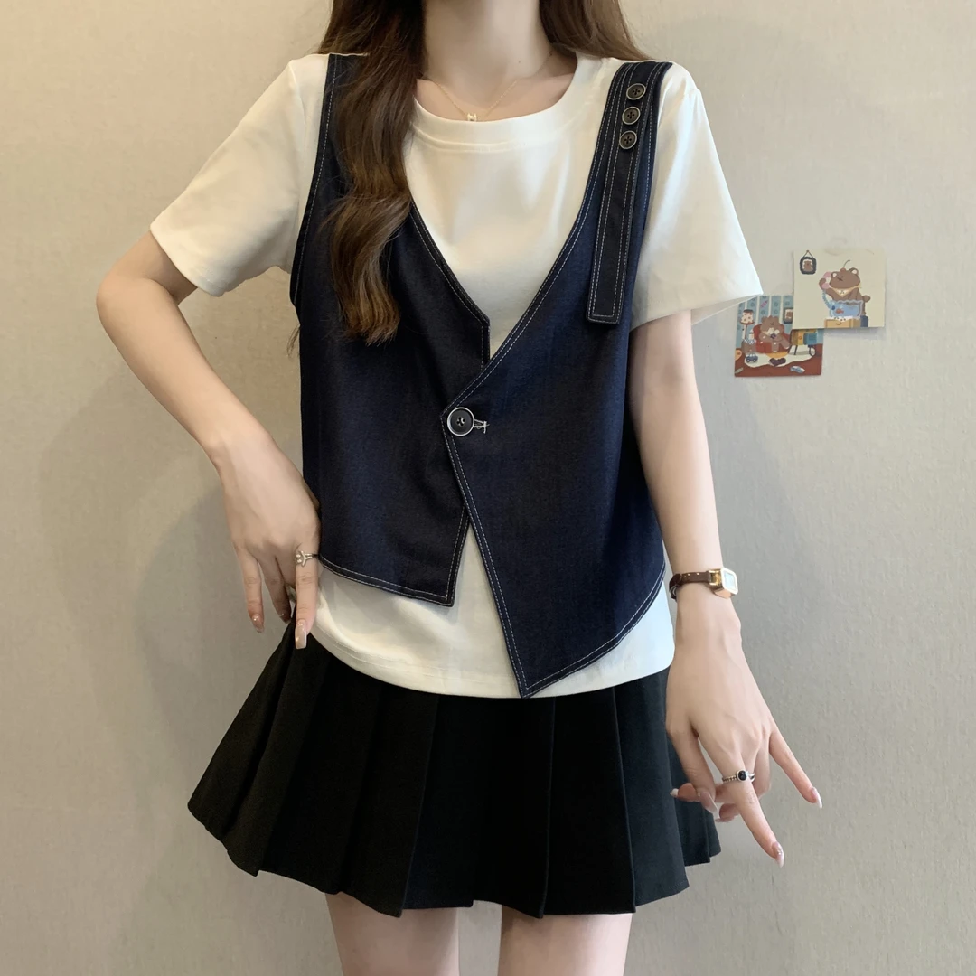 大码遮肚子设计感洋气假两件短袖t恤女夏季胖mm宽松显瘦百搭上衣