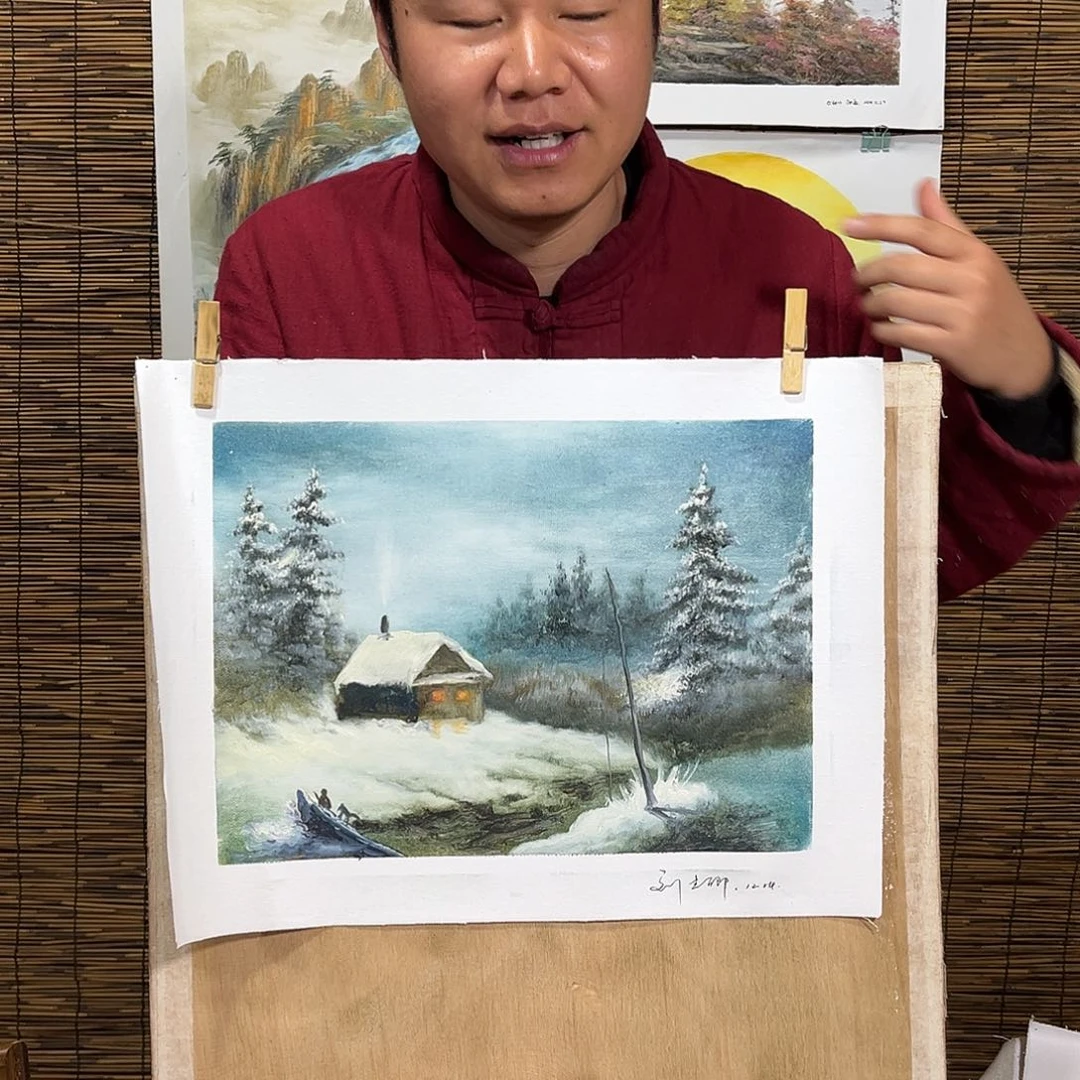 油画行路人小院绘画作品