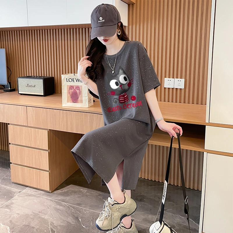 夏季时尚百搭短袖T恤裙女爆款宽松大码显瘦中长款亮闪闪连衣裙ins