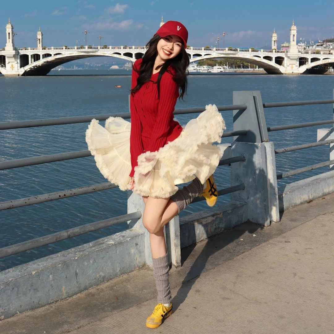 芭蕾风成人tutu裙松紧腰a字白色网纱花边欧若风蓬蓬短裙公主裙