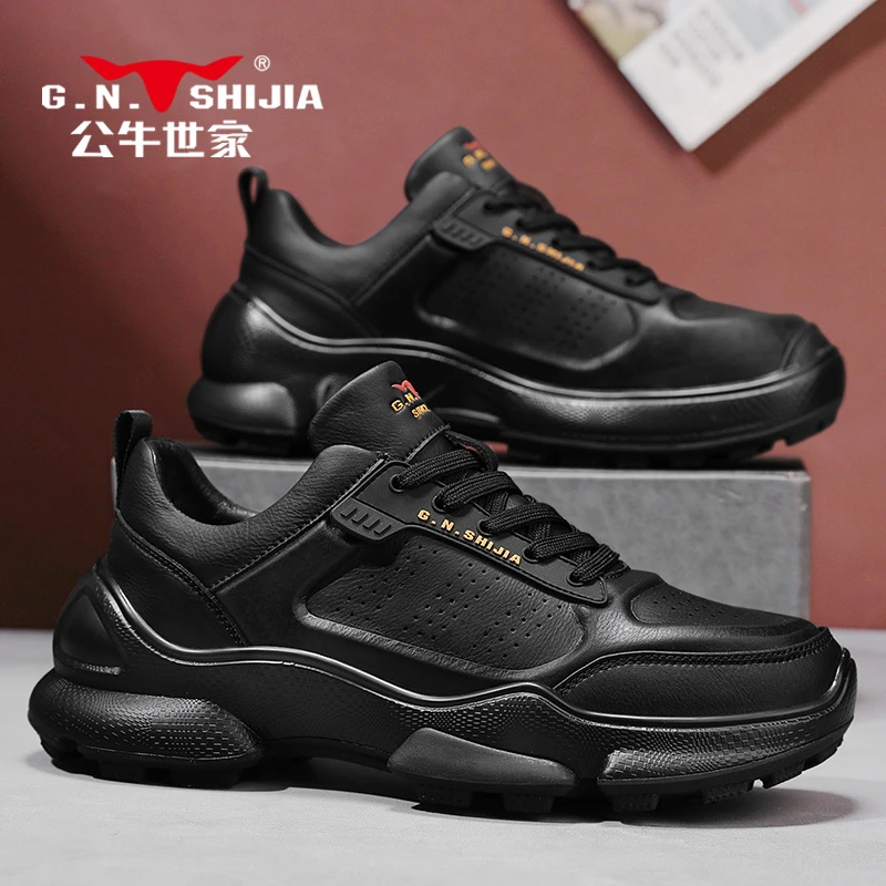 公牛世家2025春季皮面透气时尚休闲鞋男士防水耐磨防滑运动鞋户外