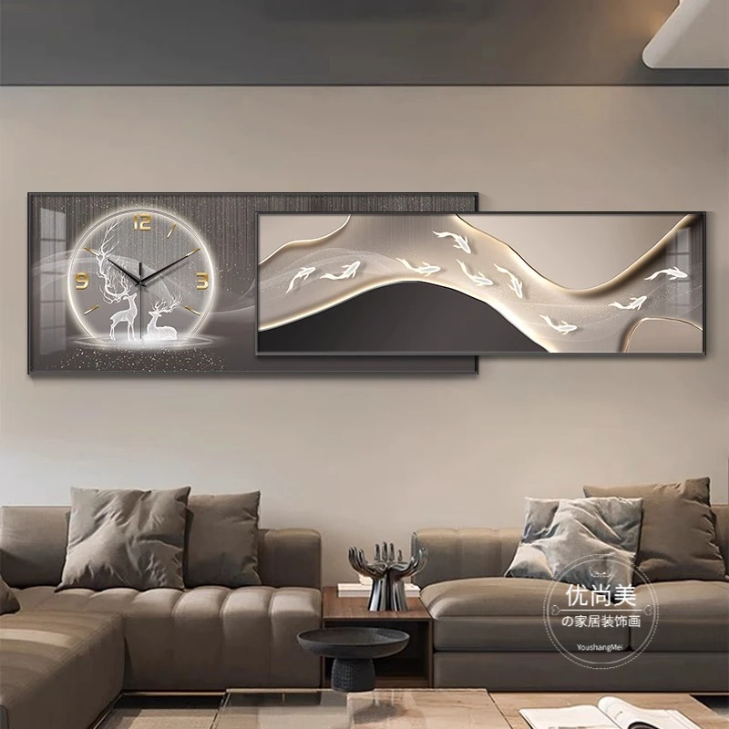 现代简约九鱼图沙发背景钟表挂钟高级大气创意艺术时钟客厅装饰画