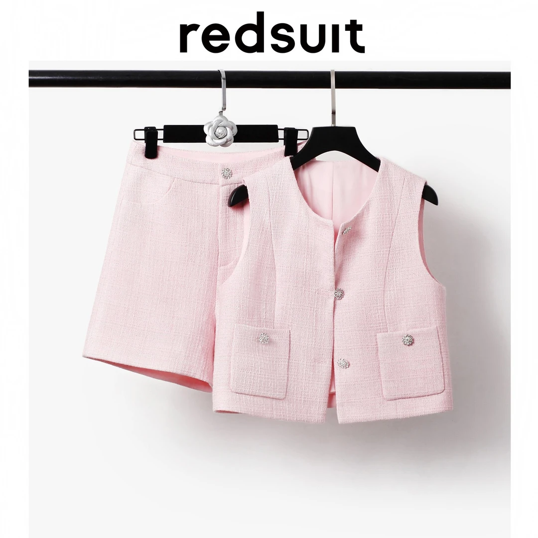 redsuit 心动密语！温柔粉色甜美小香风无袖马甲上衣显瘦短裤套装