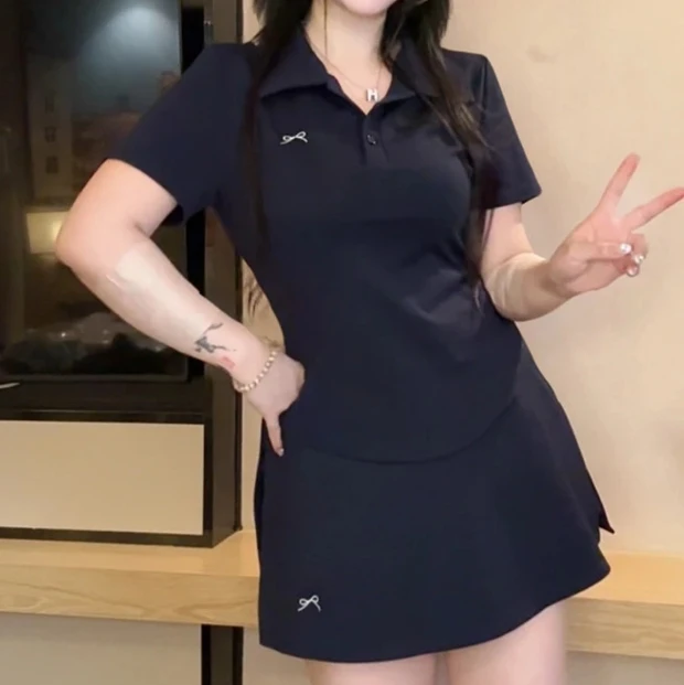 【6769桃】时尚刺绣polo领短袖上衣高腰A字裙裤女夏季休闲减龄套装