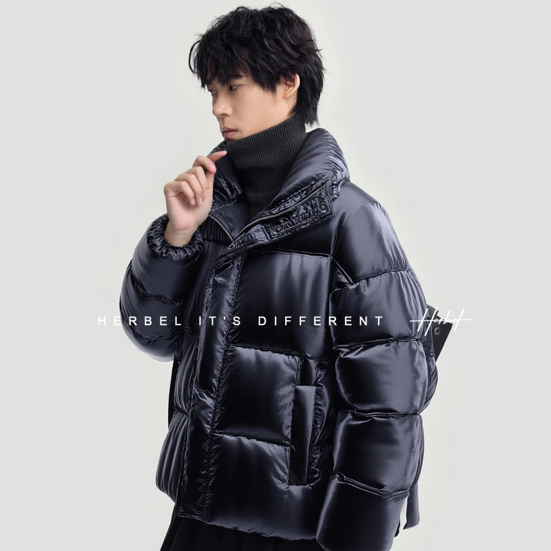 HERBEL/黑白冬季重工设计感鹅绒服 男士短款保暖羽绒服百搭潮