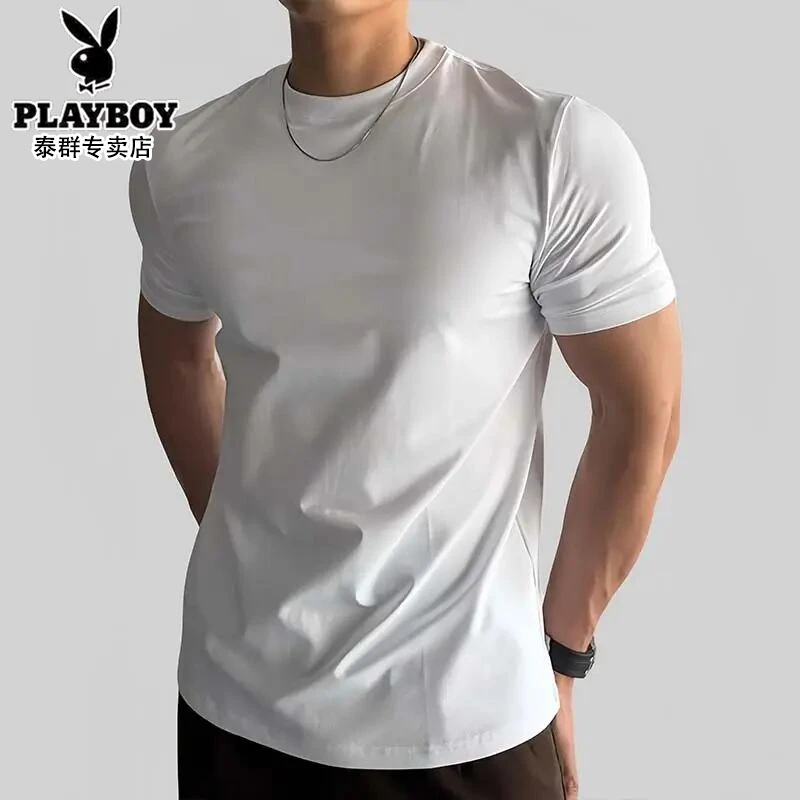 花花公子夏季修身短袖男生圆领上衣服美式健身休闲T恤显肌肉打底