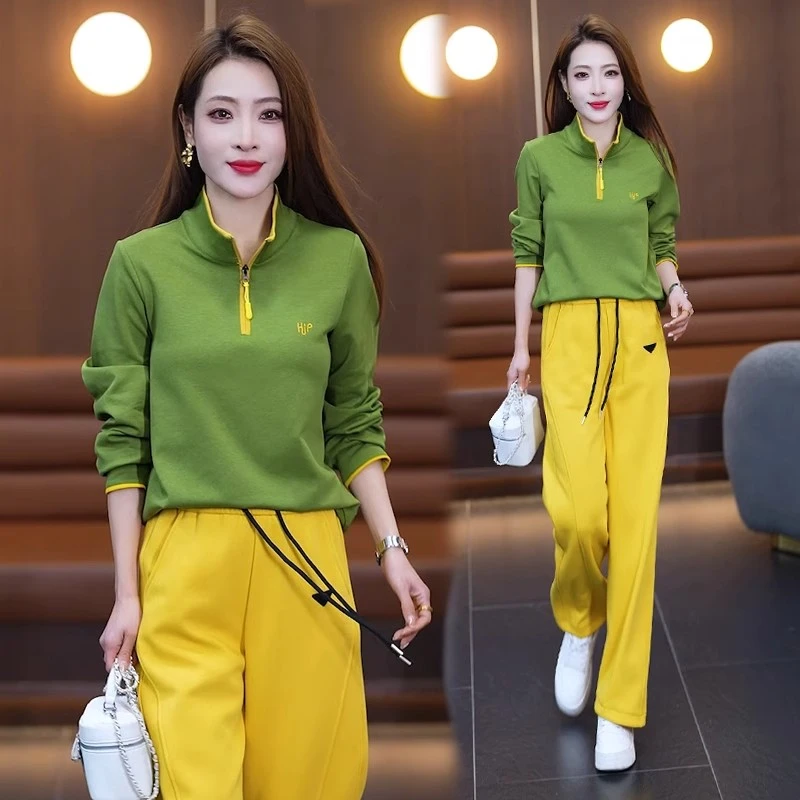 时尚休闲套装女春季洋气减龄显瘦半拉链立领刺绣卫衣运动裤两件套