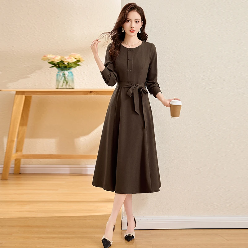 韩版连衣裙女长袖2025春秋新款高级感气质收腰显瘦修身小个子裙子