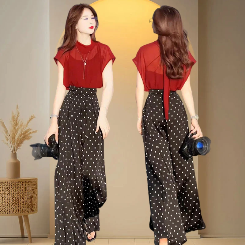 休闲减龄风洋气套装女士2025夏季新款气质雪纺上衣阔腿裤两件套女