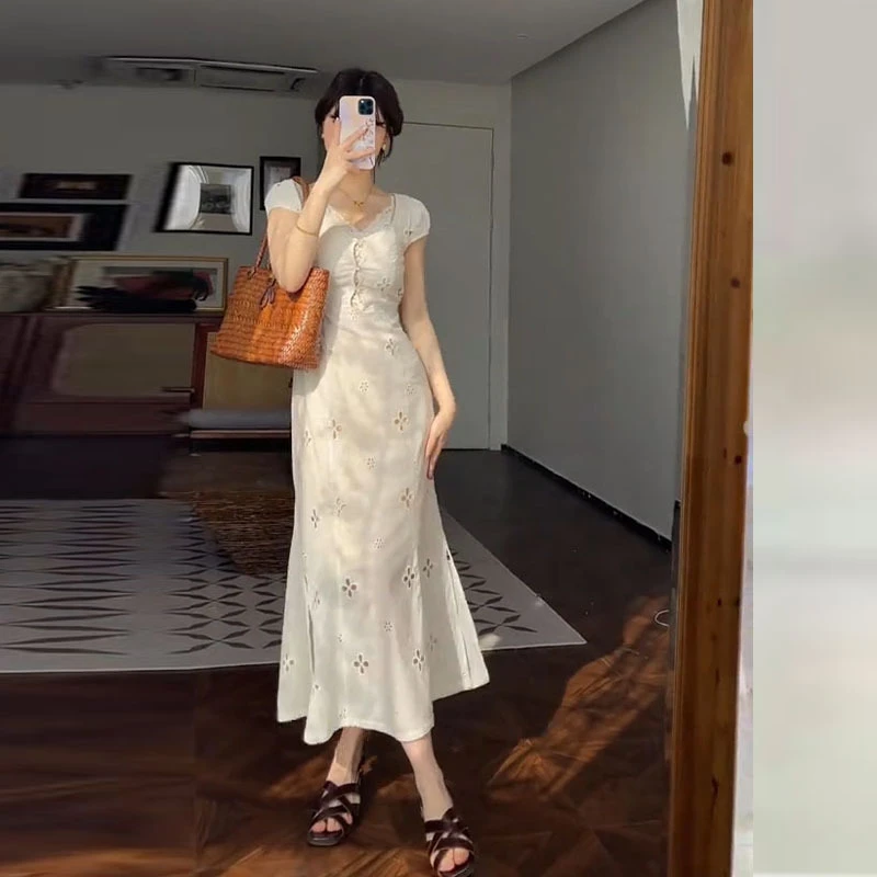 0978杏色新中式旗袍连衣裙子女夏季2025新款法式小个子包臀鱼尾裙
