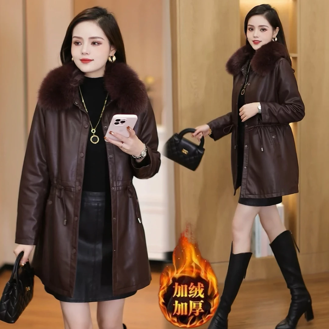 秋冬毛领冬季时尚新款洋气加绒加厚皮衣显瘦2025中长款收腰外套潮