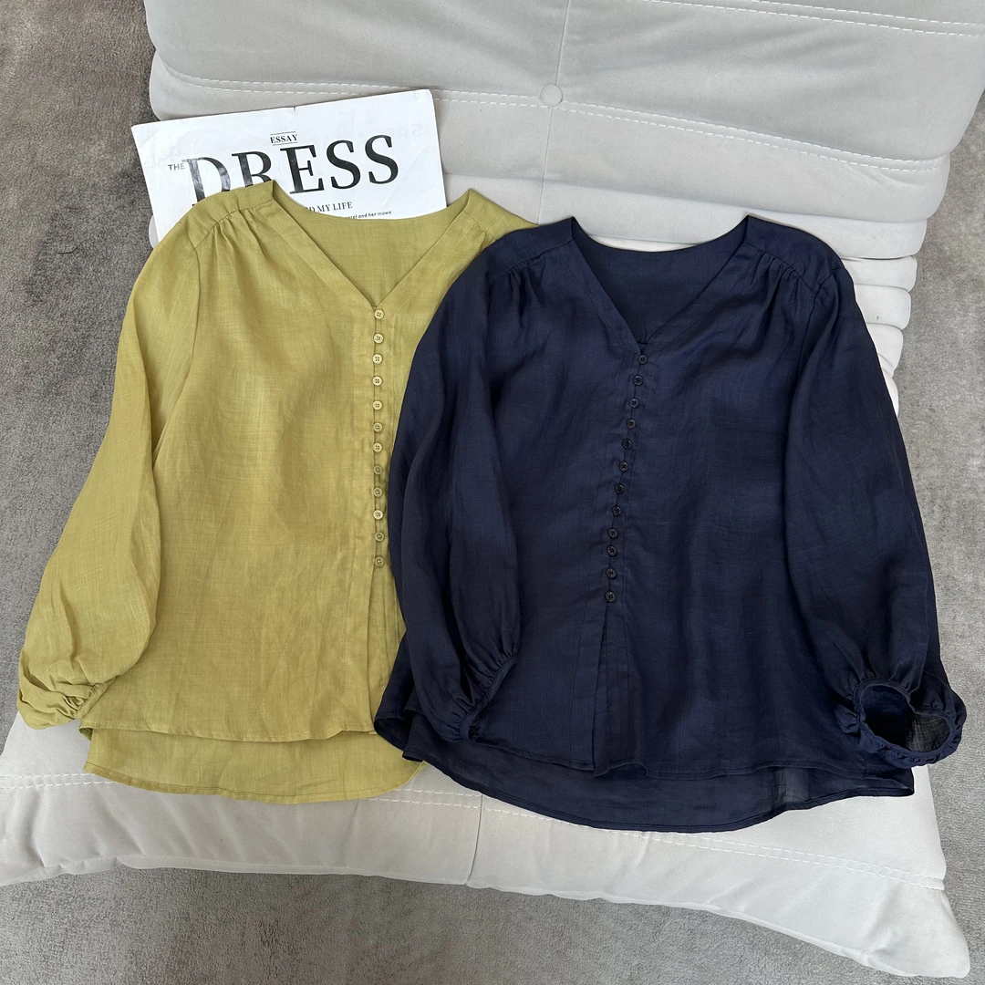 【米可家】小纽扣V领100苎麻马蹄袖小衫86100