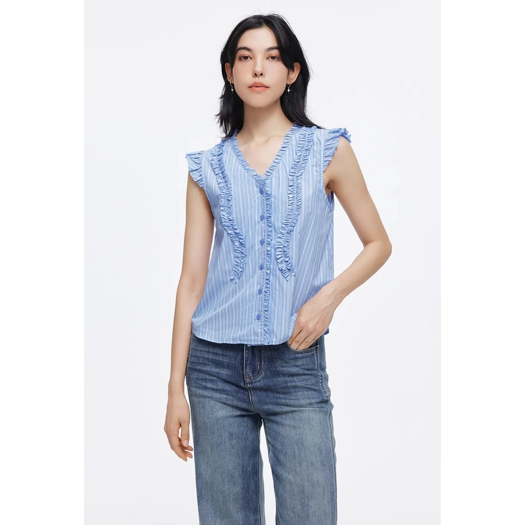 【胖虎家】夏季新款 M 淑女休闲舒适抽褶花边无袖条纹衬衫上衣