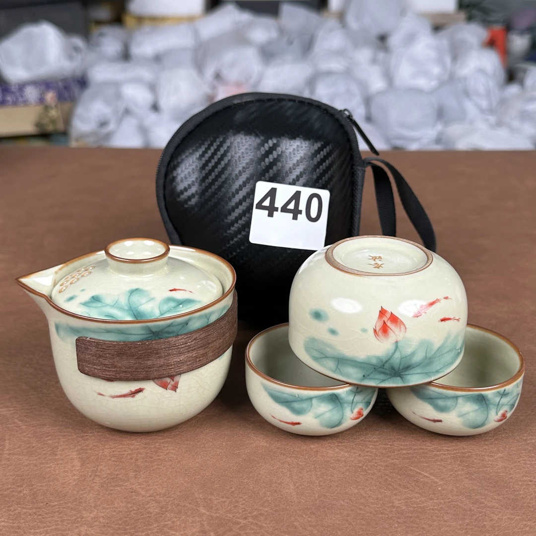 440-岑汝汝窑快客杯一壶三杯手抓壶荷花鲤鱼开片养线小巧便捷户外