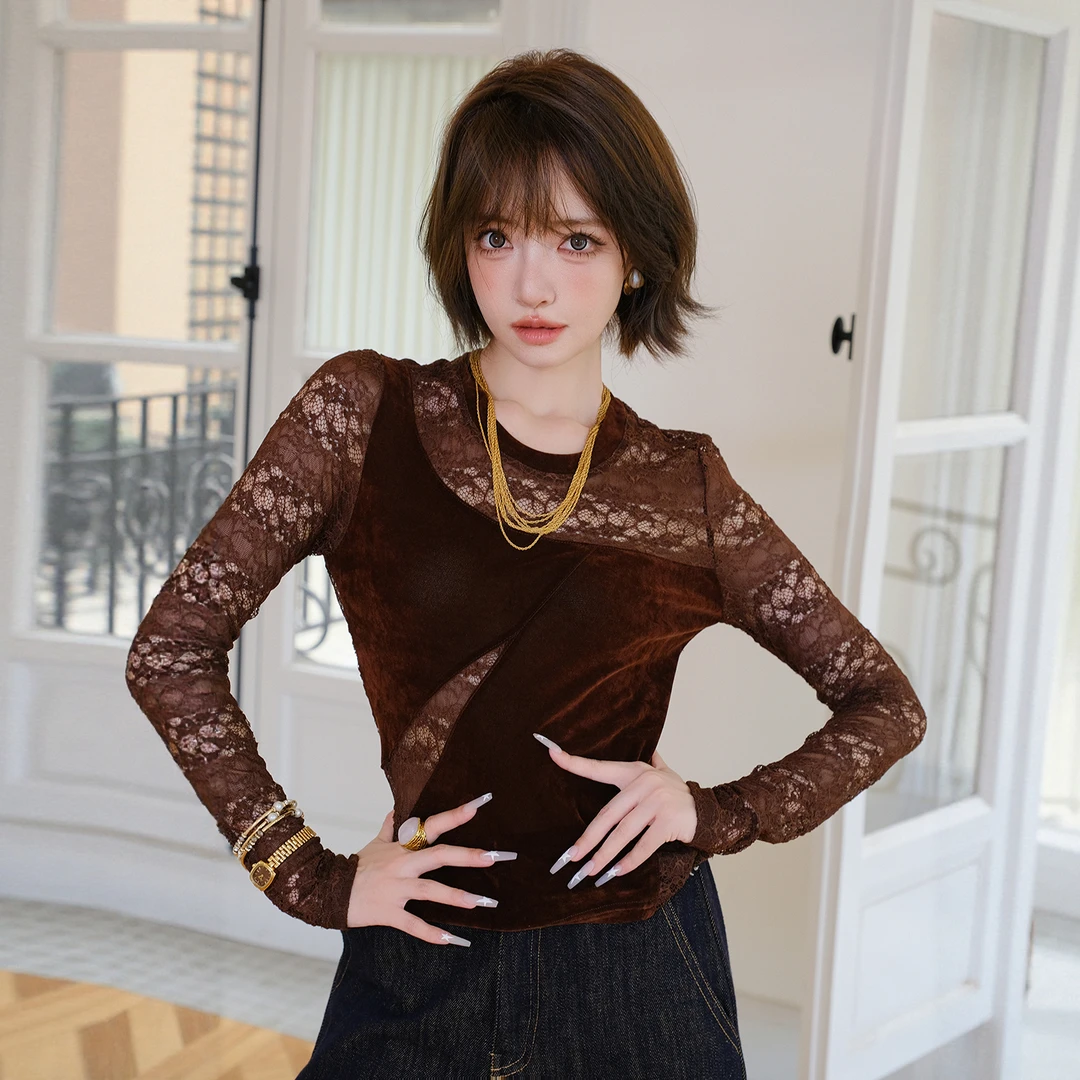 【现货】设计感别致假两件轻熟上衣长袖蕾丝拼接丝绒罩衫单穿打底衫