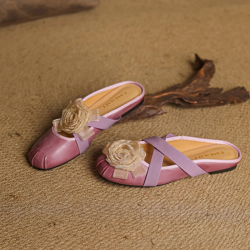 丨十九丨牛皮低跟软面花花拖鞋