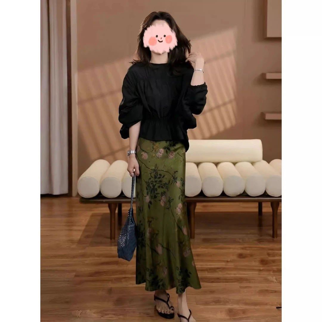 【夏季穿搭】时尚褶皱感上衣女气质高腰半身裙两件套小众设计感套装