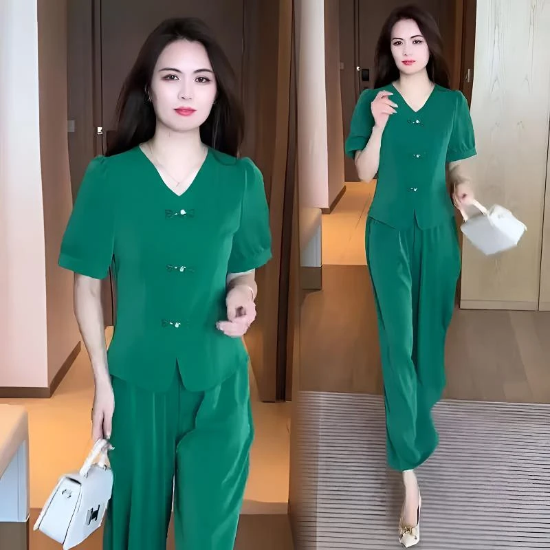 新中式时尚冰丝套装女2025夏季新款洋气显瘦盘扣短袖阔腿裤两件套