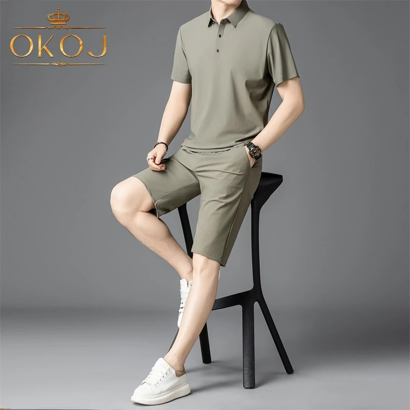 OKOJ冰丝休闲套装男时尚透气夏季薄款短袖polo衫运动短裤两件套