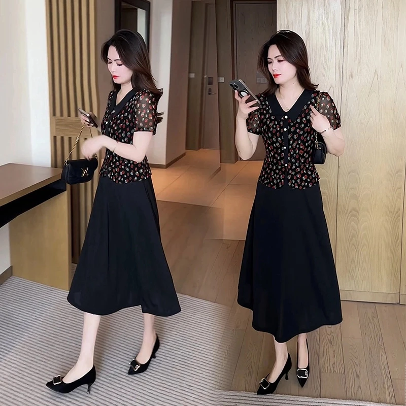 【赠运费险】夏季2025新款短袖假两件连衣裙收腰显瘦妈妈波点裙子