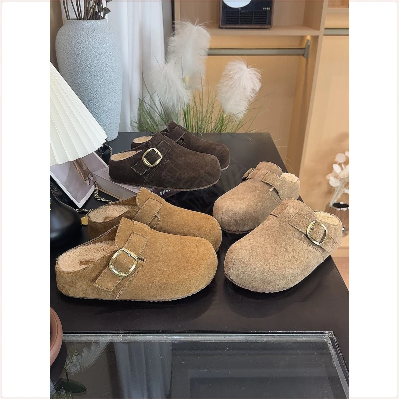 巨好看厚底加绒勃肯鞋包头半拖鞋女外穿2025新款冬懒人毛毛棉拖鞋