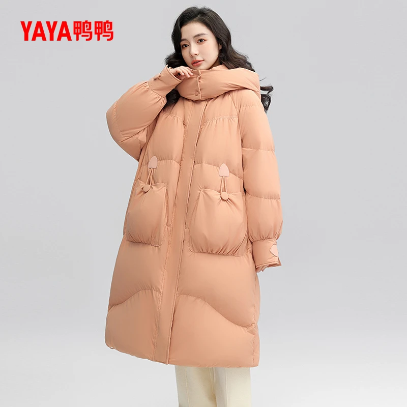 YAYA/鸭鸭羽绒服长款过膝冬季新款连帽加厚保暖休闲宽松鸭绒外套