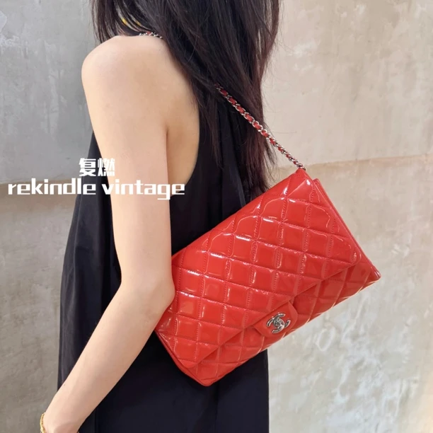 95新 Chanel/香奈儿 复燃精选/漆皮cf信封单肩包15开