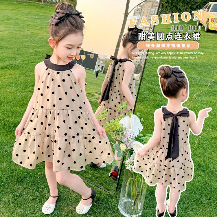 女小童发饰无袖系带挂脖波点连衣裙夏季新款夏天雪纺公主裙休闲裙