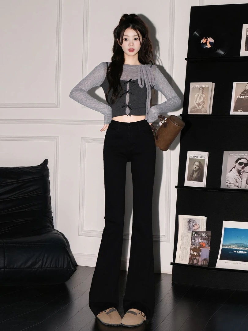 复古黑色阔腿牛仔裤2025秋季新款高腰显瘦高个子宽松微喇拖地裤女