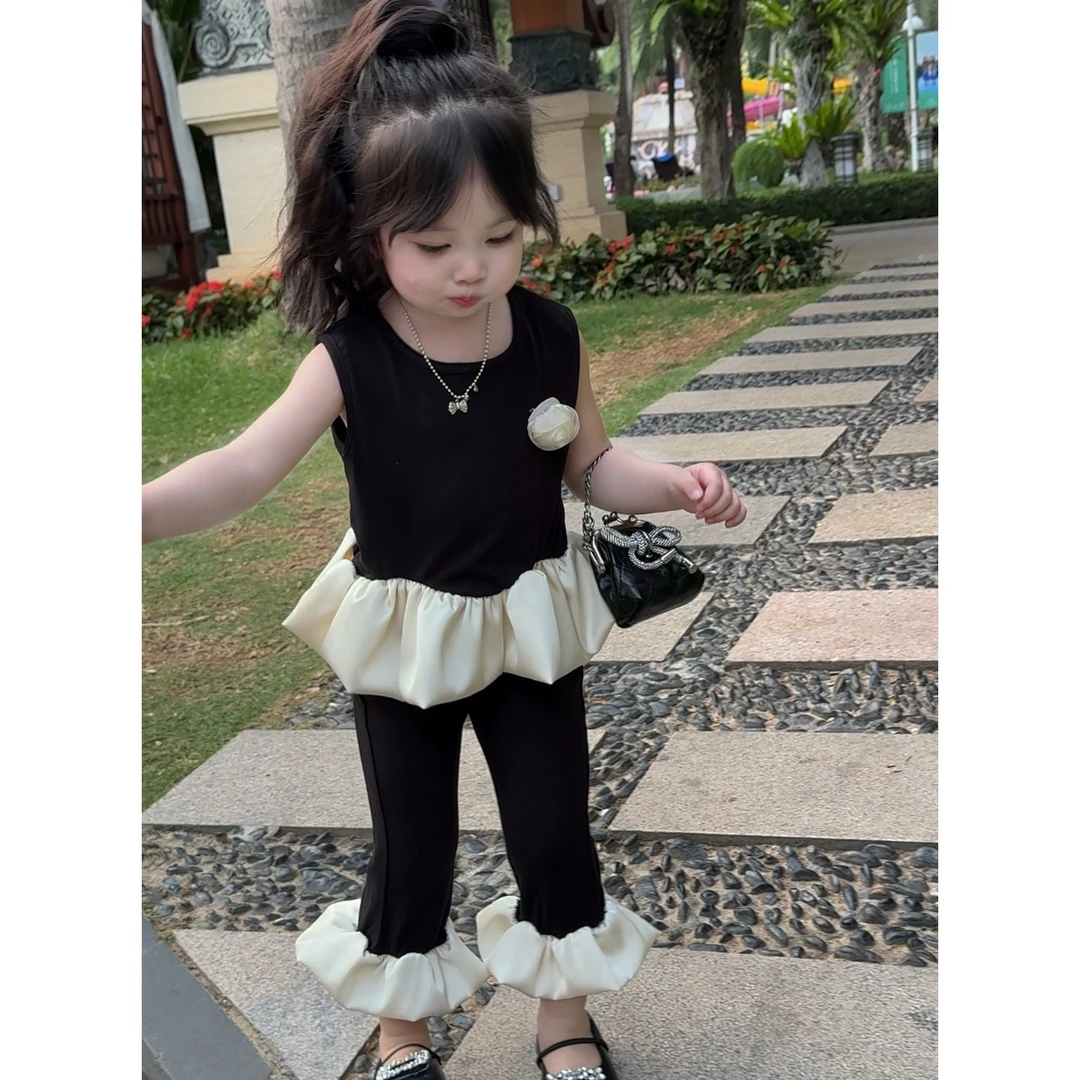 黑天鹅！女童韩系套装夏季新款荷叶边背心女宝宝微喇裤