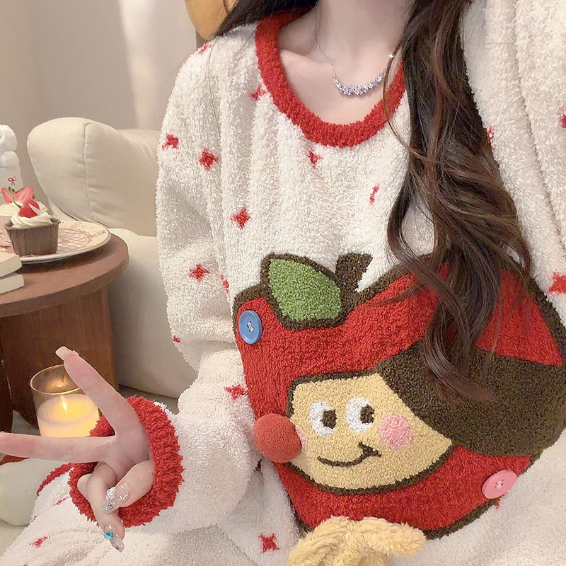 软绵绵半边绒睡衣女秋冬季apple修狗长袖长裤圆领加厚保暖家居服