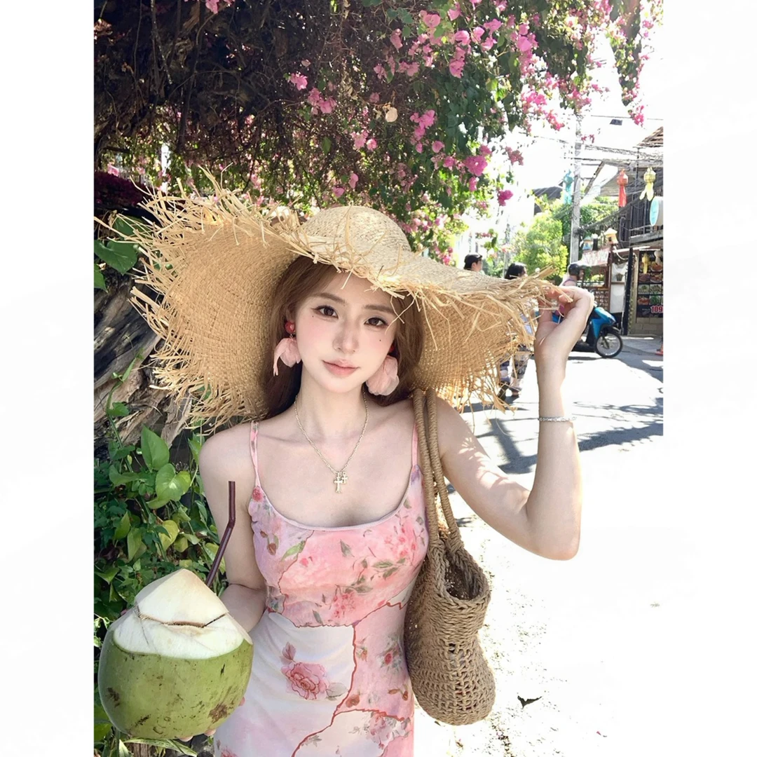 蔷薇碎片 春夏浪漫氛围拼接印花弹力网纱吊带连衣长裙