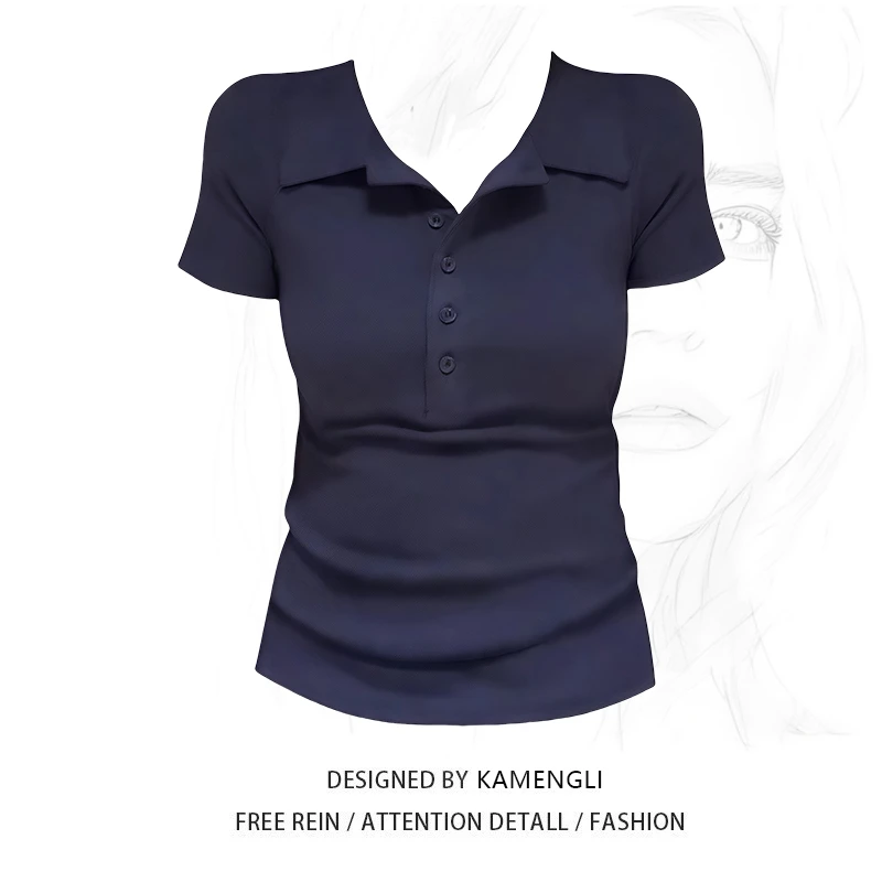 大码微胖mmPOLO领纽扣正肩短袖女T恤女装夏季新款显瘦洋气上衣服9