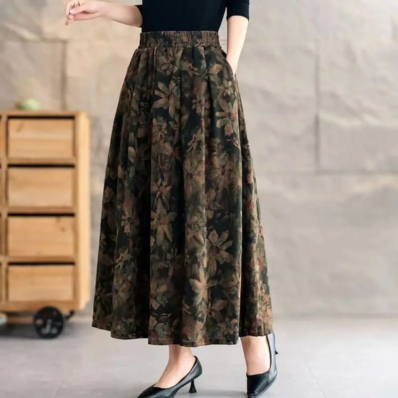 中老年女装夏季妈妈装复古大摆裙百搭夏季大码高腰显瘦碎花半身裙