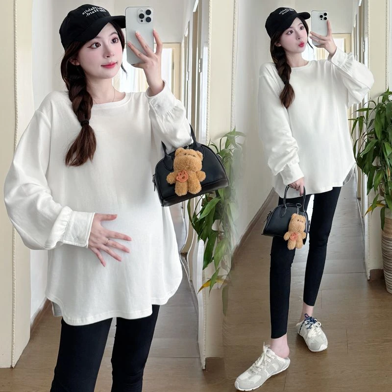 孕妇秋装2025韩版上衣大码女显瘦中长款衬衫袖潮妈秋冬加绒孕妇装