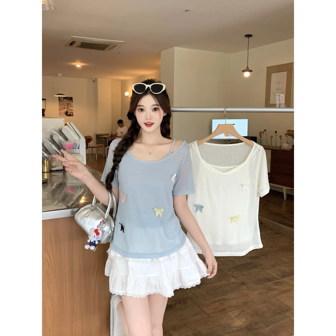 清2025夏季款胖mm大码立体蝴蝶装饰T恤叠穿小吊带纯欲两件套64652