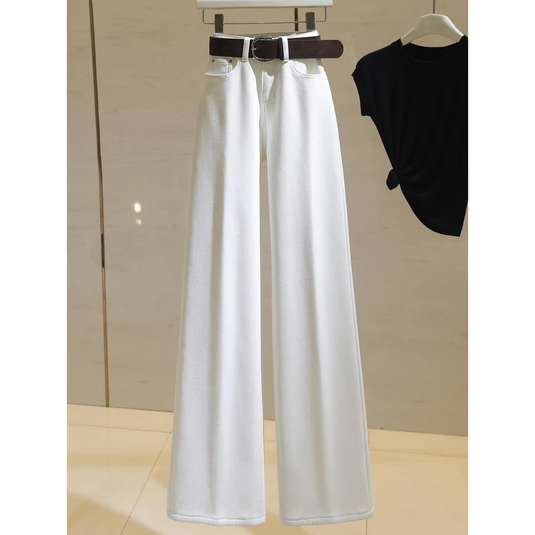 culv奶白色加绒高腰阔腿牛仔裤女2025秋冬新款宽松显瘦直筒拖地裤