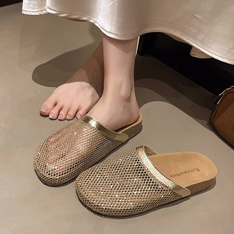 爆款厚底渔网鞋勃肯鞋包头半拖鞋女夏外穿2025新款编织镂空凉拖鞋