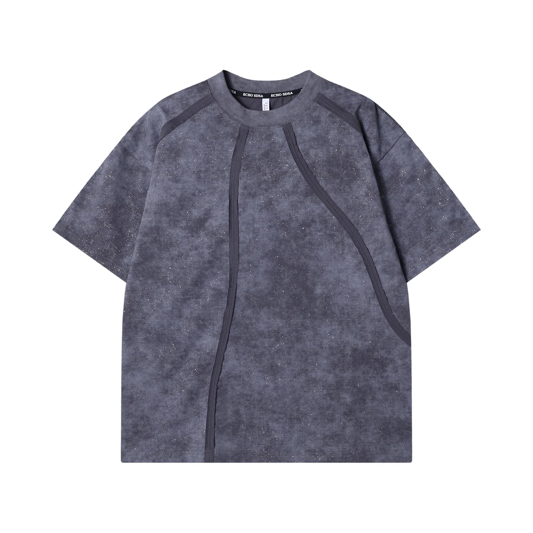 夏季高级感新款韩系不规则压线圆领短袖T恤百搭潮流简约宽松上衣