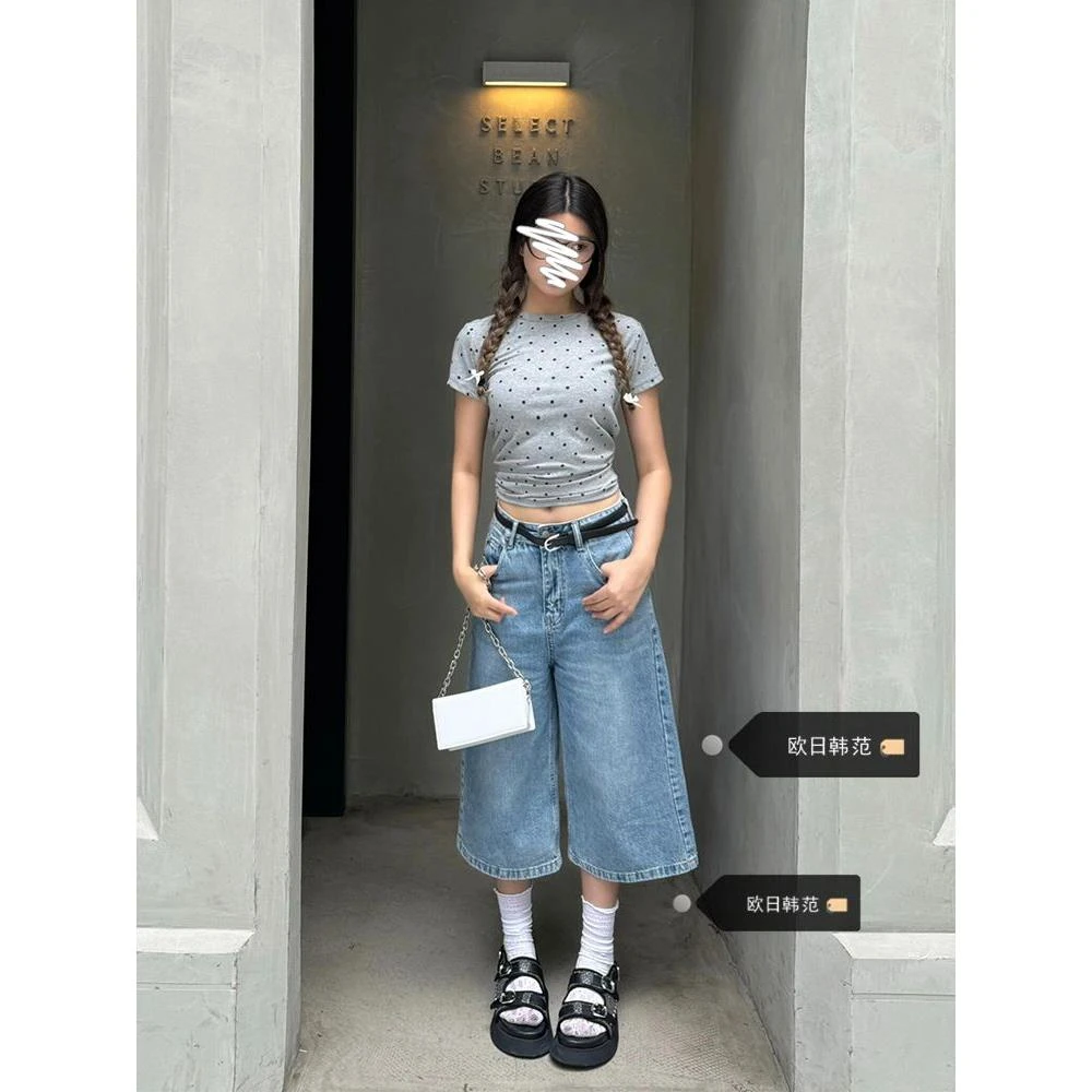 大码美式高街浅色宽松直筒牛仔裤女夏季新款高腰显瘦阔腿七分裤子